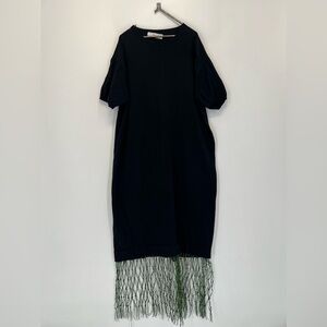 Toga Pulla Fishnet Fringe Hem T-Shirt Black Limegreen Midi Dress